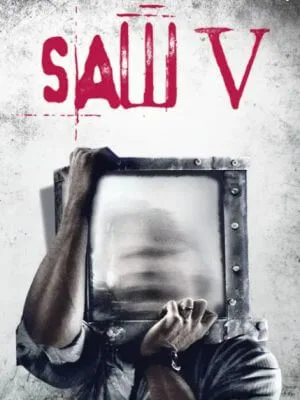 Image of the Saw V movie posters showing someone trying to remove a cube-shaped contraption from their head.