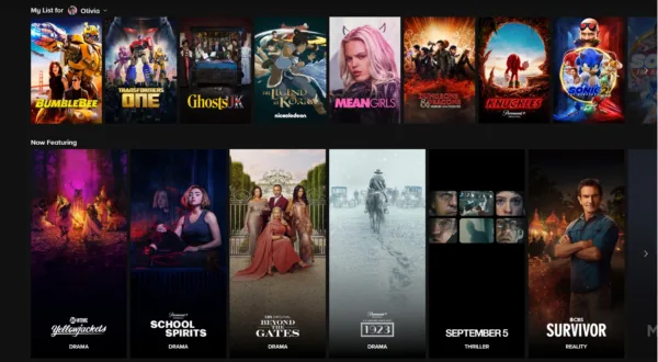 Screenshot of Paramount+'s homepage.