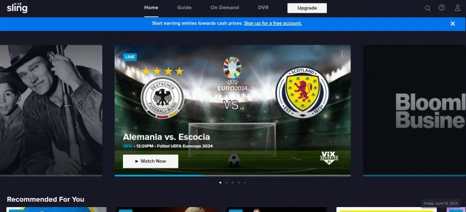 Image of the Sling Freestream home page.
