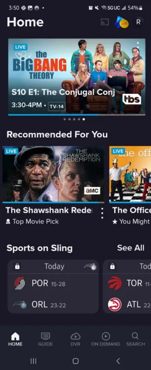 A screenshot of the Sling TV home page shows scheduled programming.