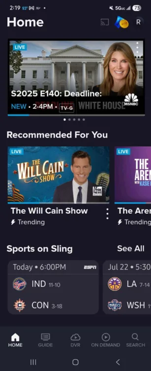 A screenshot of the Sling TV home page shows upcoming news and sports programs.