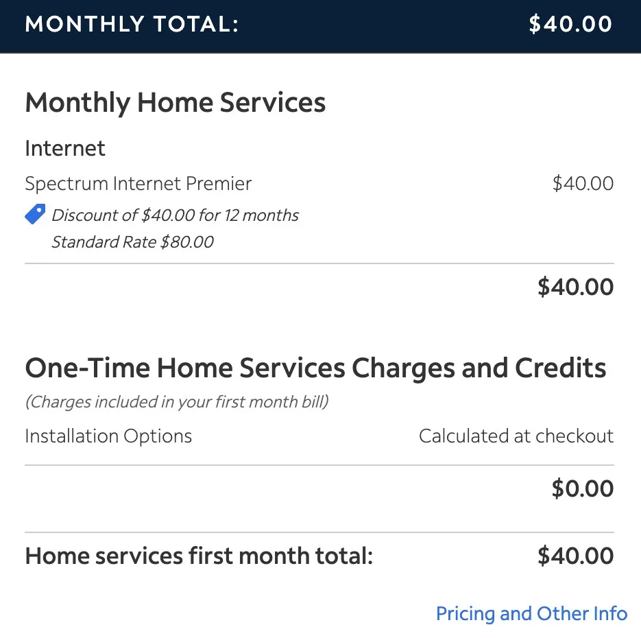 A screenshot of Spectrum’s checkout page with one service.