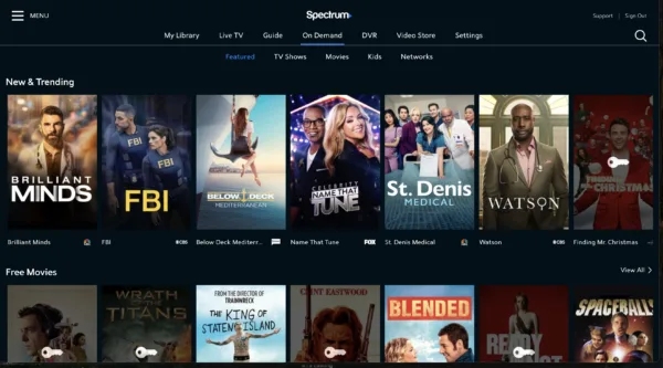 Spectrum's web-based streaming tool being used in a web browser showing viewing options.