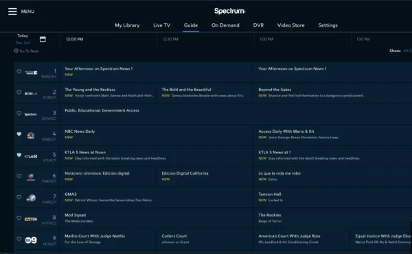 Spectrum's web-based streaming tool being used in a web browser showing a TV Guide view.