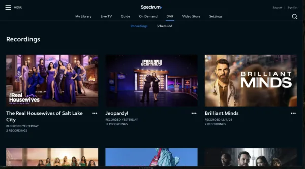 Spectrum's web-based streaming tool being used in a web browser showing recent recordings.