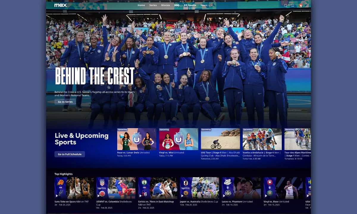 The B/R Sports tab on HBO Max displays live and upcoming events alongside rows of on-demand content.