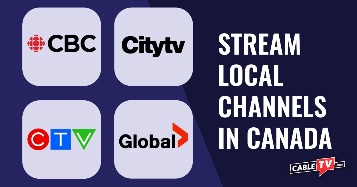 Logos for local Canadian networks CBC, Citytv, CTV, and Global in light blue square tiles on dark blue background