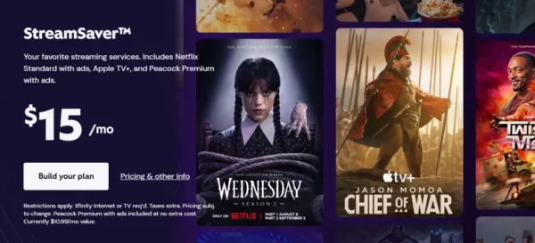 Screenshot of a banner advertising StreamSaver ($15/mo.) with screenshots of shows like Wednesday (Netflix) and Chief of War (Apple TV+