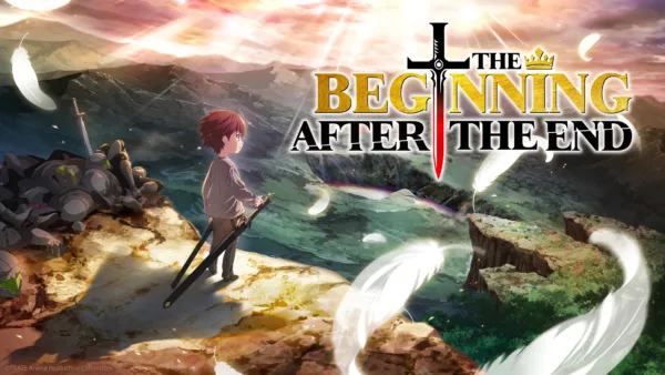 Promo art for The Beginning After the End, featuring a young boy holding two swords and looking out over a valley.
