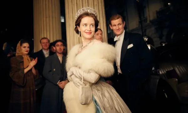 An actress portraying a young Queen Elizabeth II.