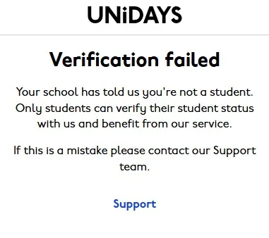 A screenshot of the "Verification failed" screen on Uniday's website.