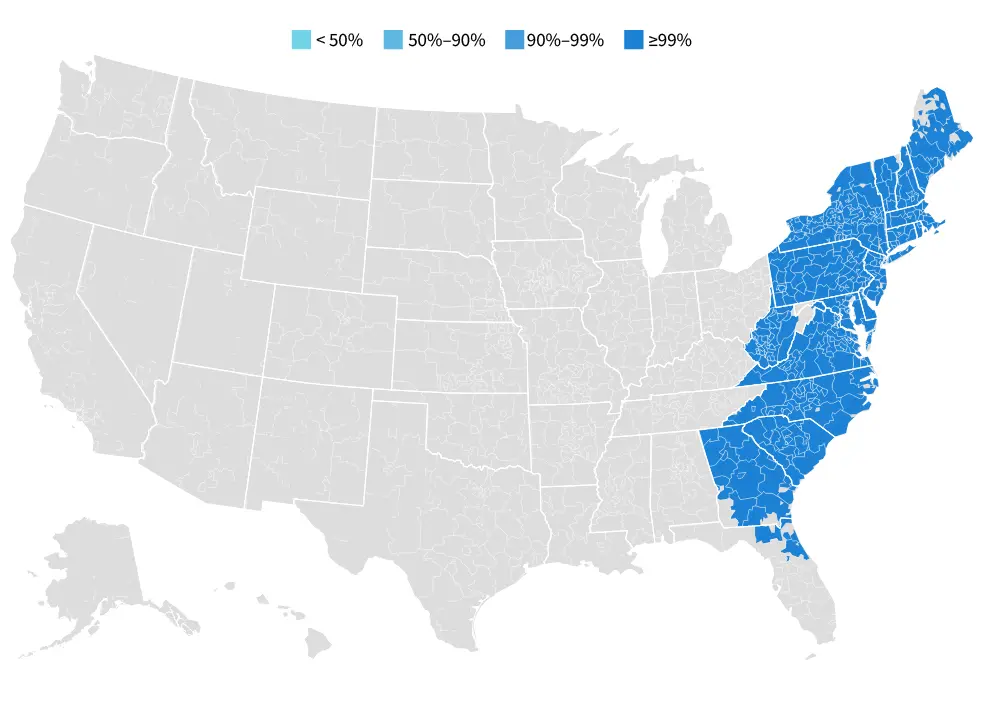 US map showing shaded areas of availability coverage for Verizon 5G internet