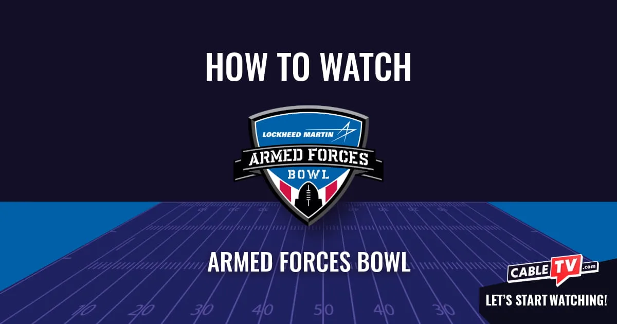A "How to Watch" graphic featuring the Armed Forces Bowl logo centered above a stylized football field on a dark blue background.