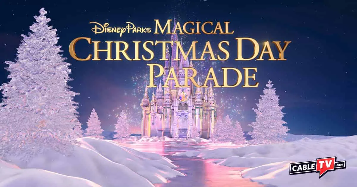 The Disney Parks Magical Christmas Day Parade logo over a wintery backdrop.