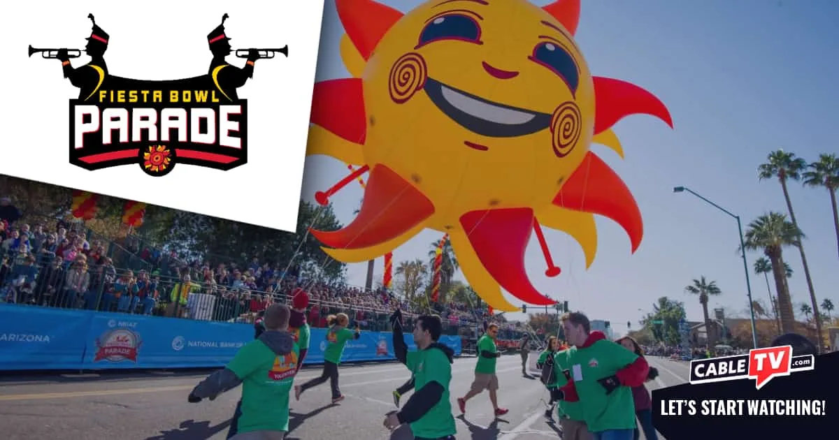 A graphic featuring the Fiesta Bowl Parade logo next to a photo of the event's Sunburst balloon.