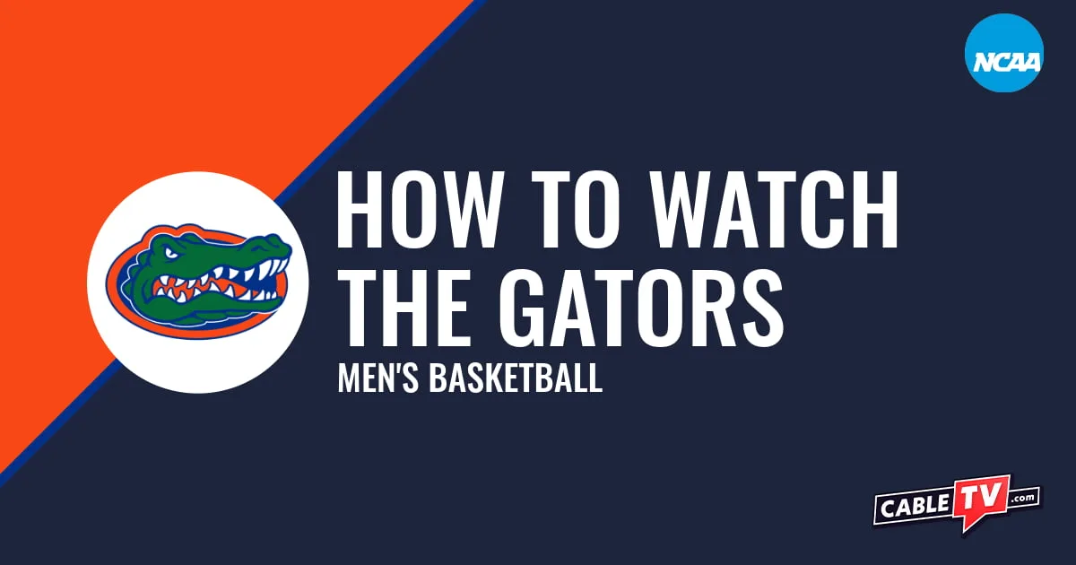 Florida Gators logo on a stylized orange and dark blue graphic for the men's basketball team watch guide.