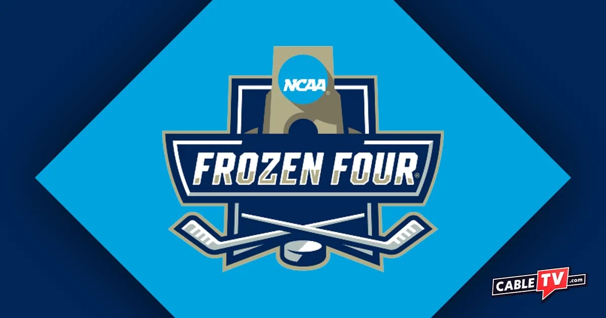 The NCAA Frozen Four hockey logo over a blue background.
