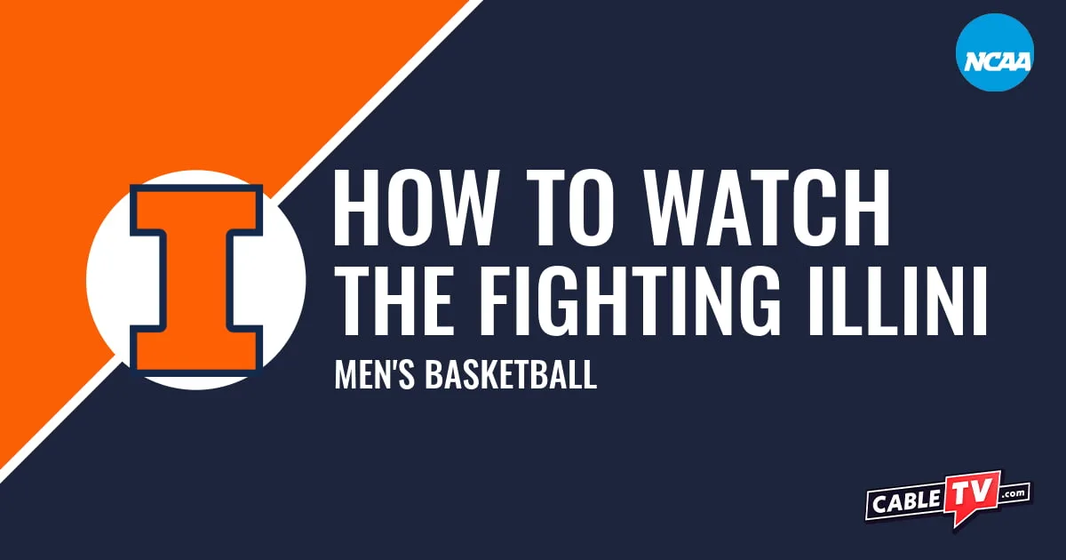 Illinois Fighting Illini logo on a stylized orange and dark blue graphic for the men's basketball team watch guide.