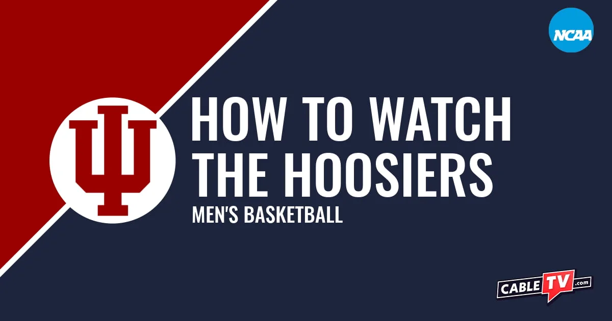 Indiana Hoosiers logo on a stylized crimson and dark blue graphic for the men's basketball team watch guide.