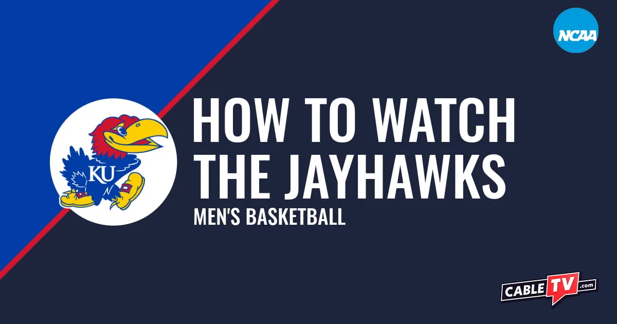 Kansas Jayhawks logo on a stylized blue graphic for the men's basketball team watch guide.