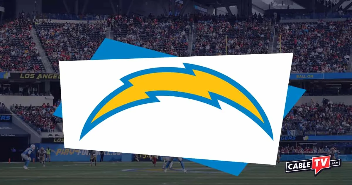 The Los Angeles Chargers logo over an image of SoFi Stadium.