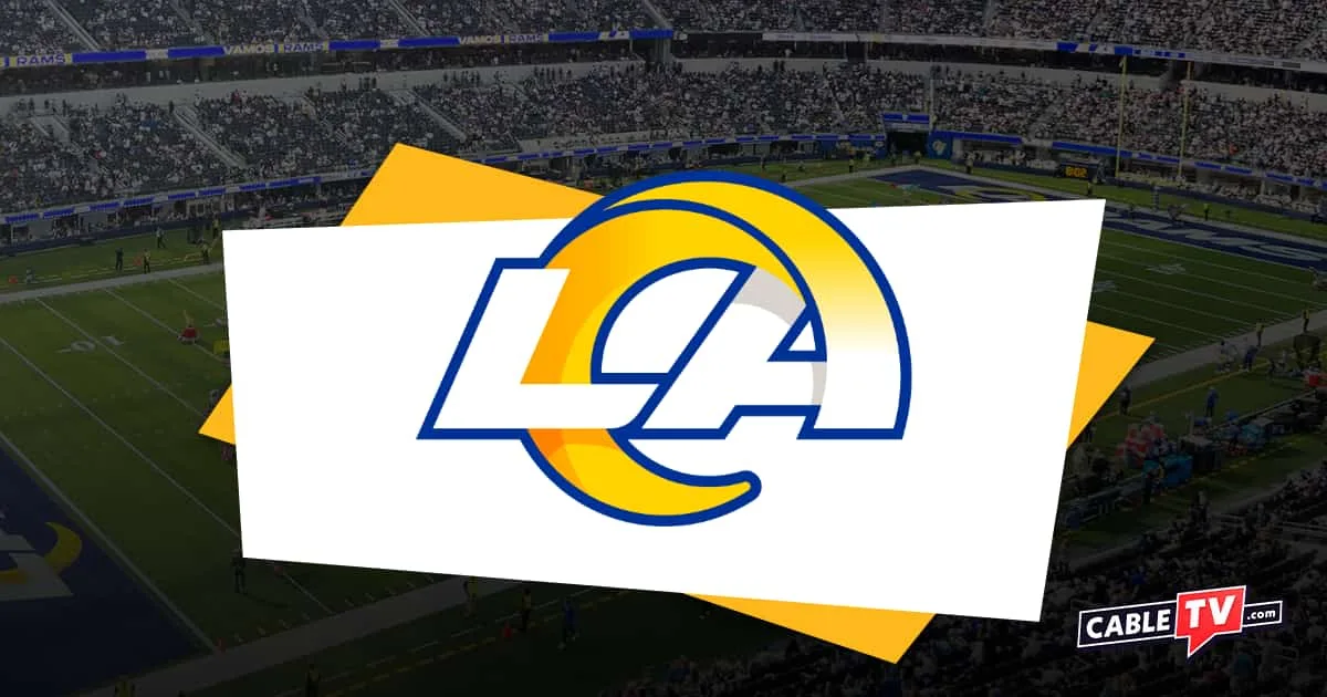 LA Rams logo with football stadium in background