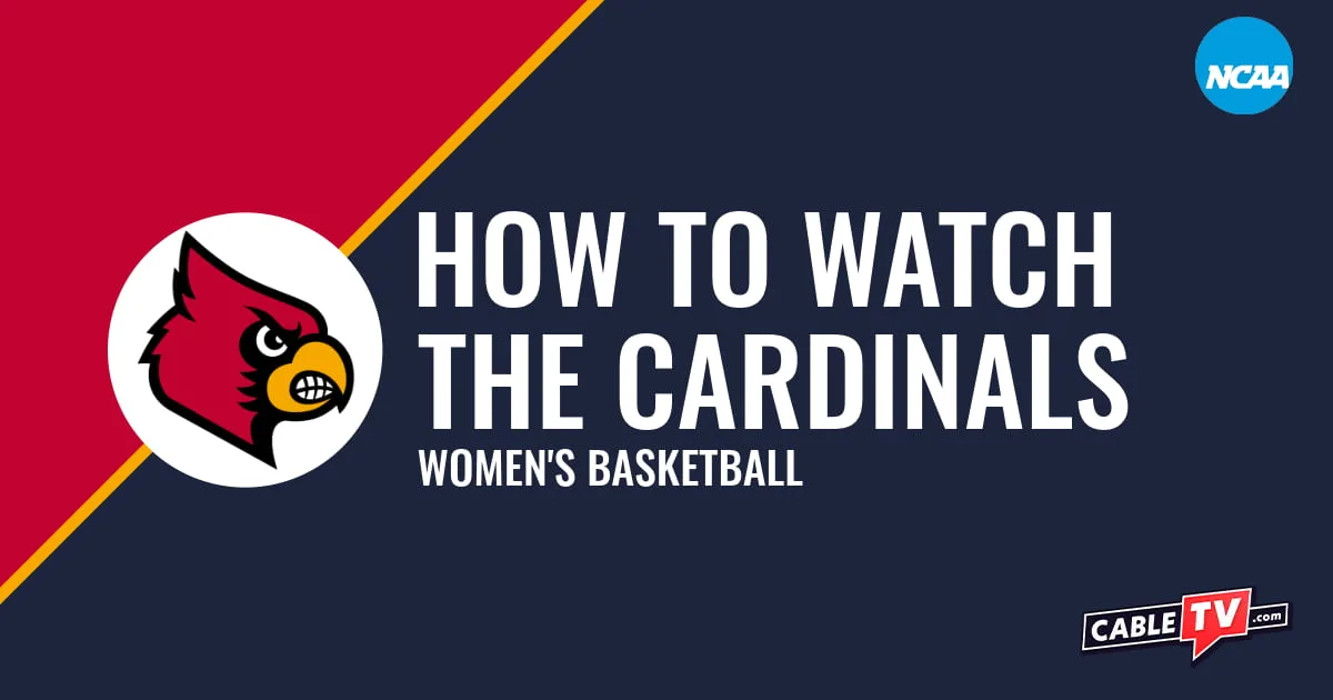 Louisville Cardinals logo on a stylized red and dark blue graphic for the women's basketball team watch guide.