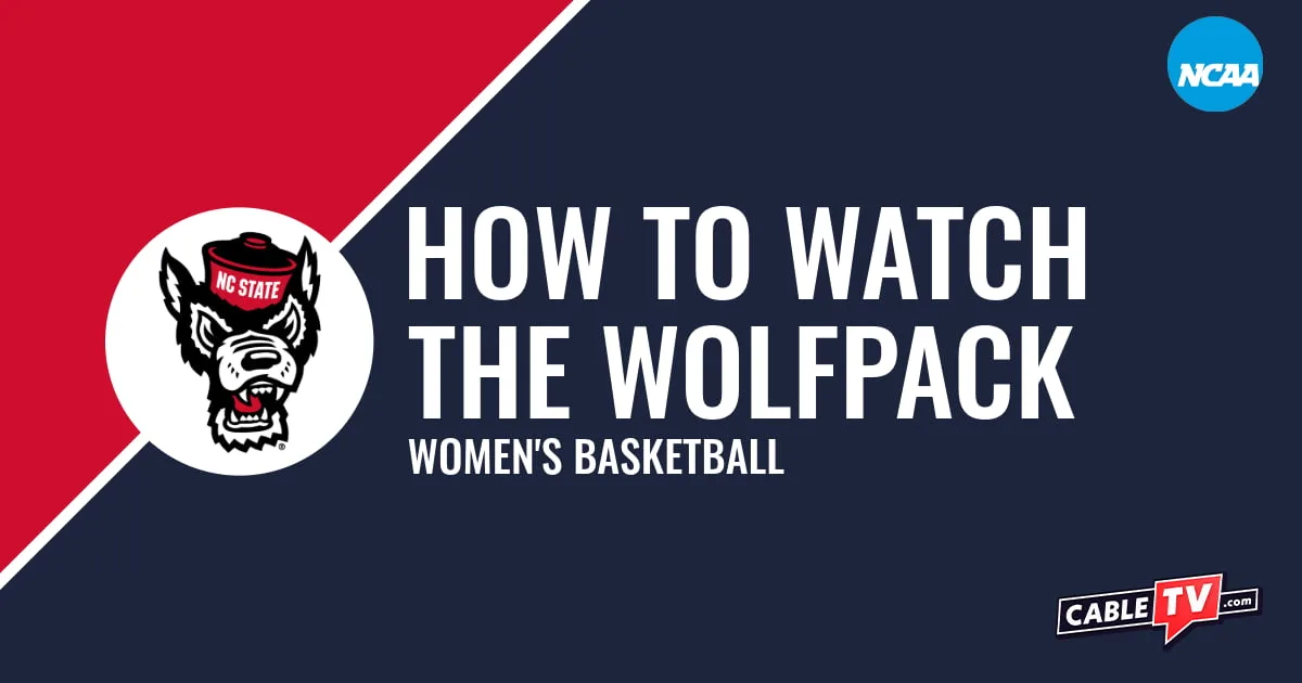 NC State Wolfpack logo on a stylized red and dark blue graphic for the women's basketball team watch guide.