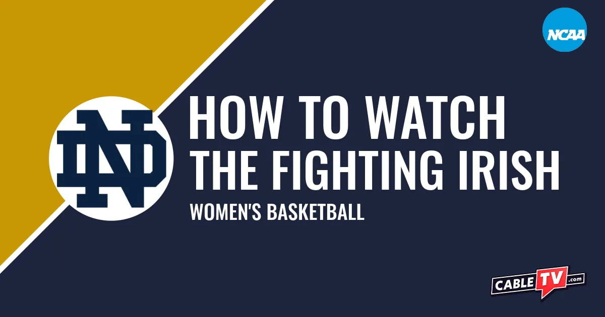 Notre Dame Fighting Irish logo on a stylized gold and dark blue graphic for the women's basketball team watch guide.