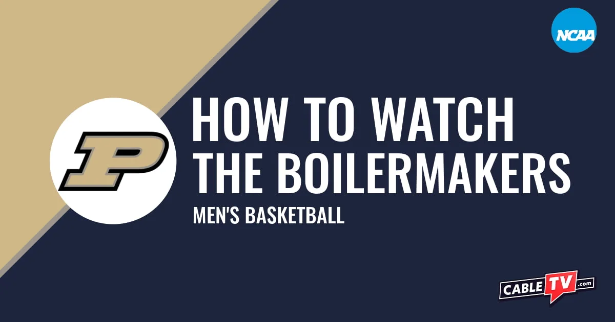 Purdue Boilermakers logo on an old gold and dark blue graphic for the men's basketball team watch guide.