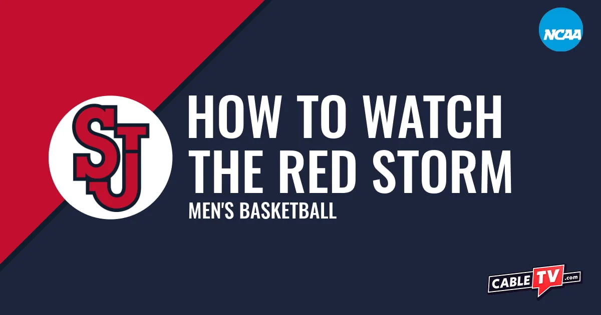 St. John's Red Storm logo on a stylized red and dark blue graphic for the men's basketball team watch guide.