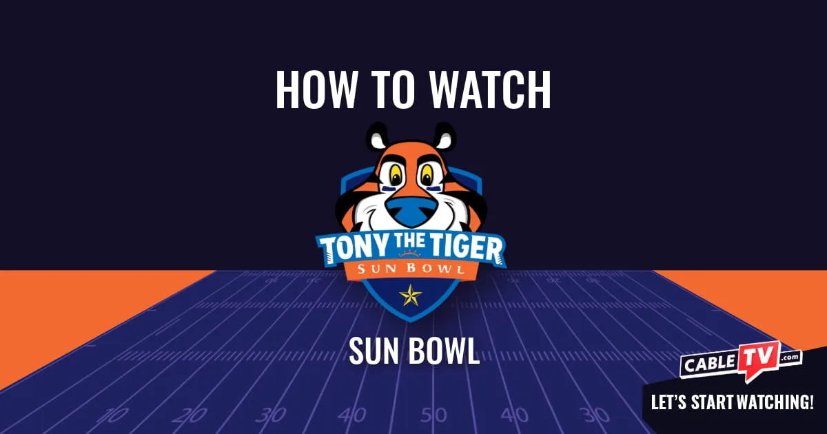 A "How to Watch" graphic featuring the Sun Bowl logo centered above a stylized football field on a dark blue background.
