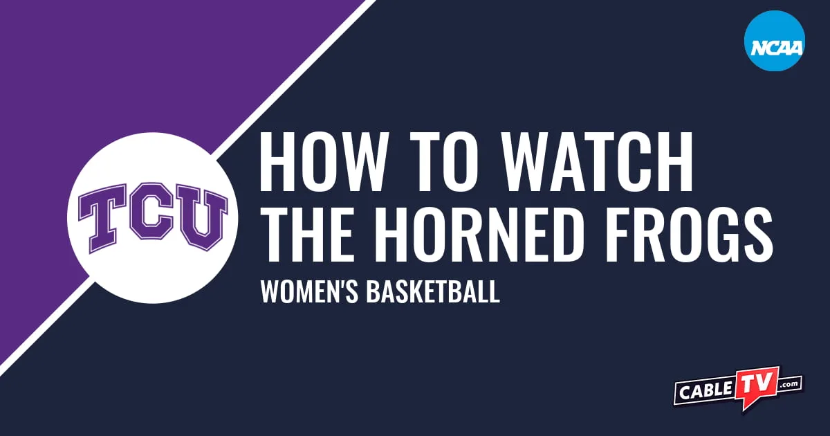 TCU Horned Frogs logo on a stylized purple and dark blue graphic for the women's basketball team watch guide.