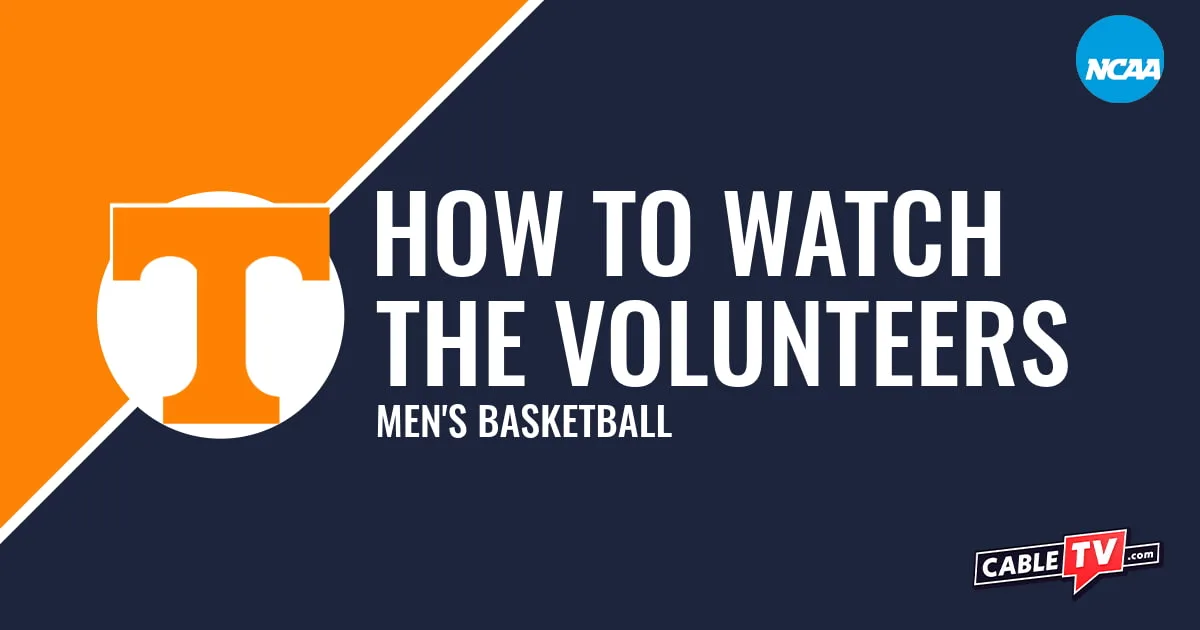Tennessee Volunteers logo on a stylized orange and dark blue graphic for the men's basketball team watch guide.