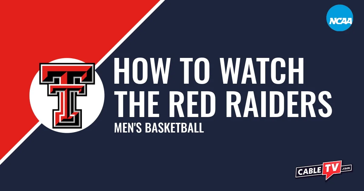 Texas Tech Red Raiders logo on a stylized red and dark blue graphic for the men's basketball team watch guide.