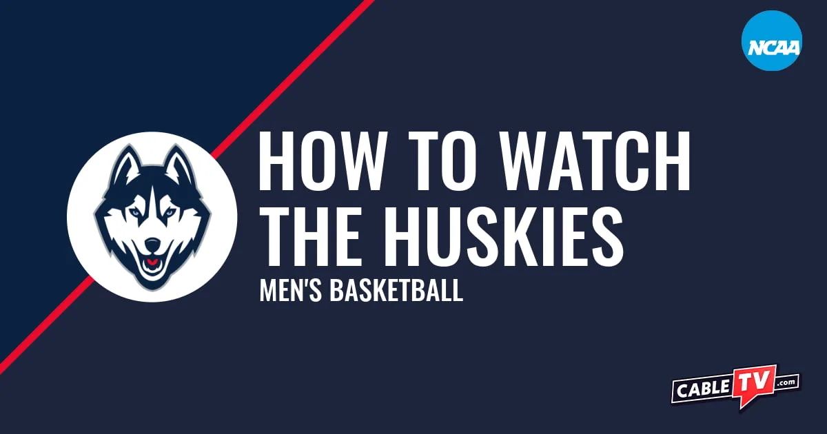 UConn Huskies logo on a stylized blue graphic for the men's basketball team watch guide.