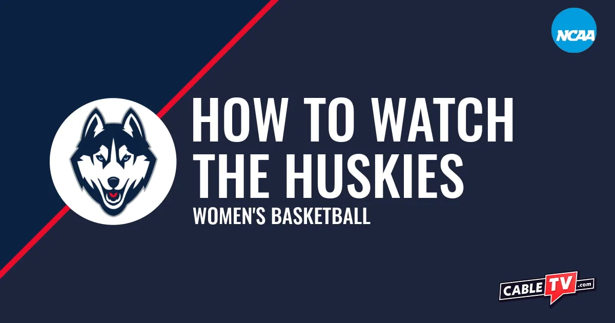 UConn Huskies logo on a stylized blue graphic for the women's basketball team watch guide.