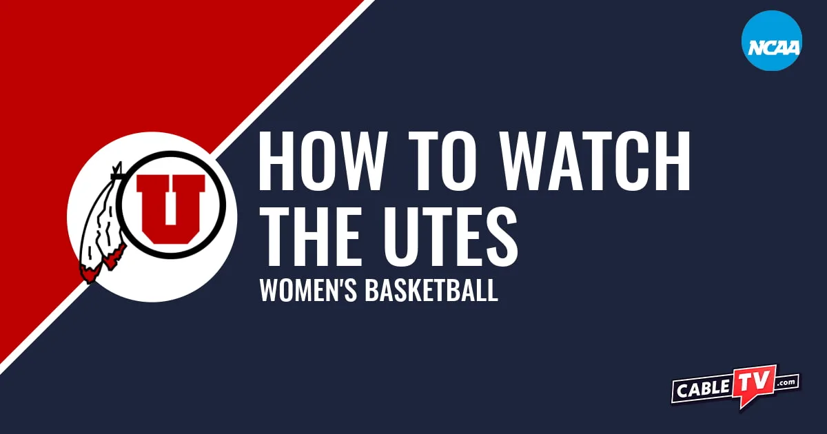 Utah Utes logo on a stylized red and dark blue graphic for the women's basketball team watch guide.