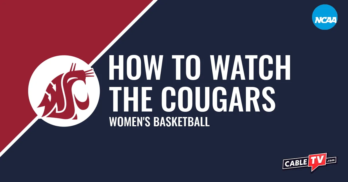 Washington State Cougars logo on a stylized red and dark blue graphic for the women's basketball team watch guide.