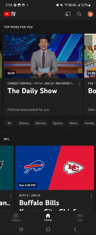 A screenshot of the YouTube TV home page, viewed on mobile, shows scheduled programming.