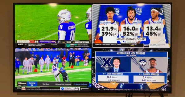 YouTube TV’s multiview feature displays four live sports events simultaneously.