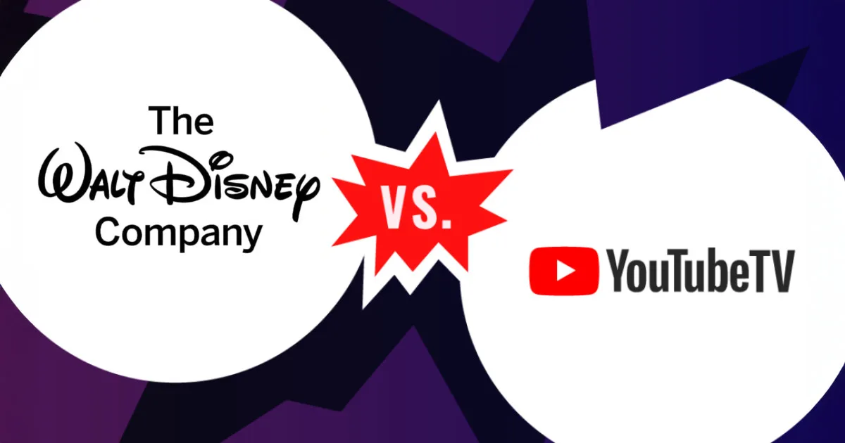 Walt Disney Co. logo vs. the YouTube TV logo on a purple and black background